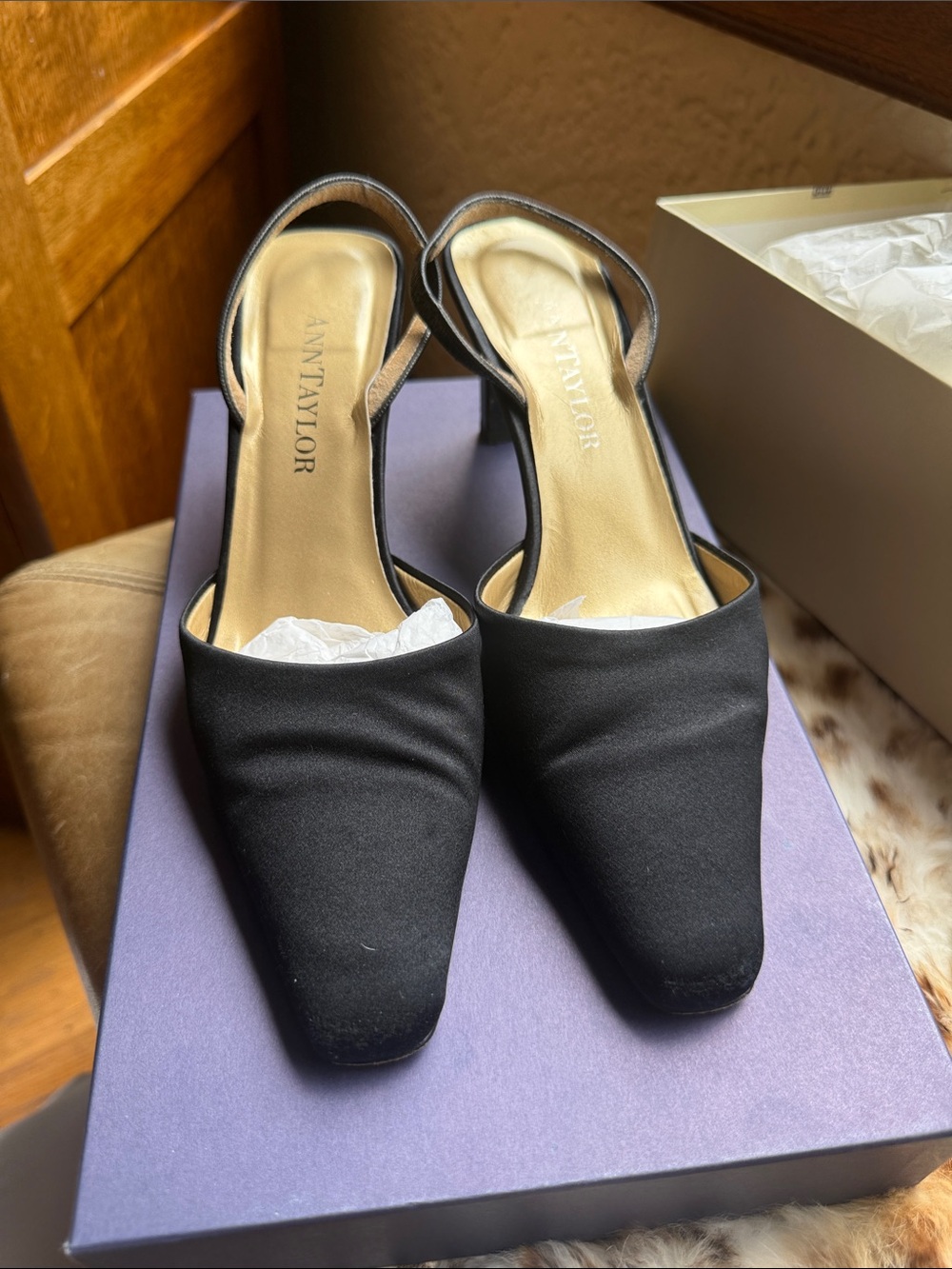 Vintage Ann Taylor Black Slingback Square-Toe Mules